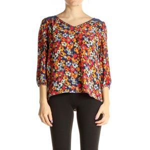 Anthropologie Porridge Womens Silk Blouse Small Top Floral V-Neck Long Sleeve